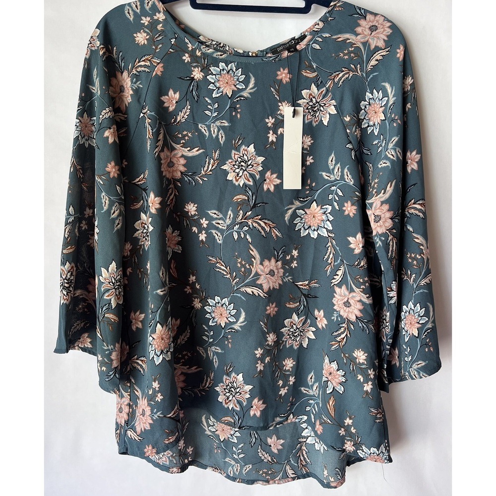 Papermoon Women's Blouse Blue 3/4 Sleeve Floral Top XS Chiffon Cottagecore NEW